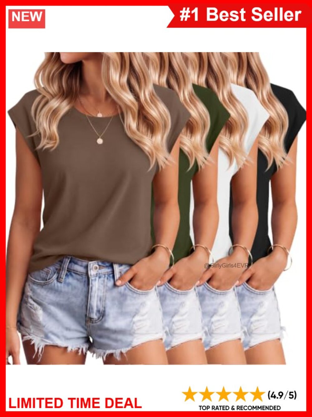 Women's Cap Sleeve T-Shirts 4 Pack Soft Polyester Cotton Blend Crew Neck